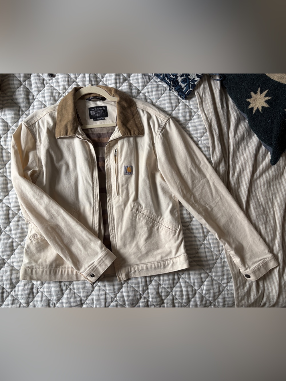 Carhartt Cropped Cream Canvas Barn Jacket with Brown Corduroy Collar